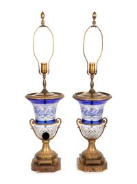 A Pair of French Gilt Bronze Mounted Cut Cobalt and Clear Glass Urns Mounted as Lamps