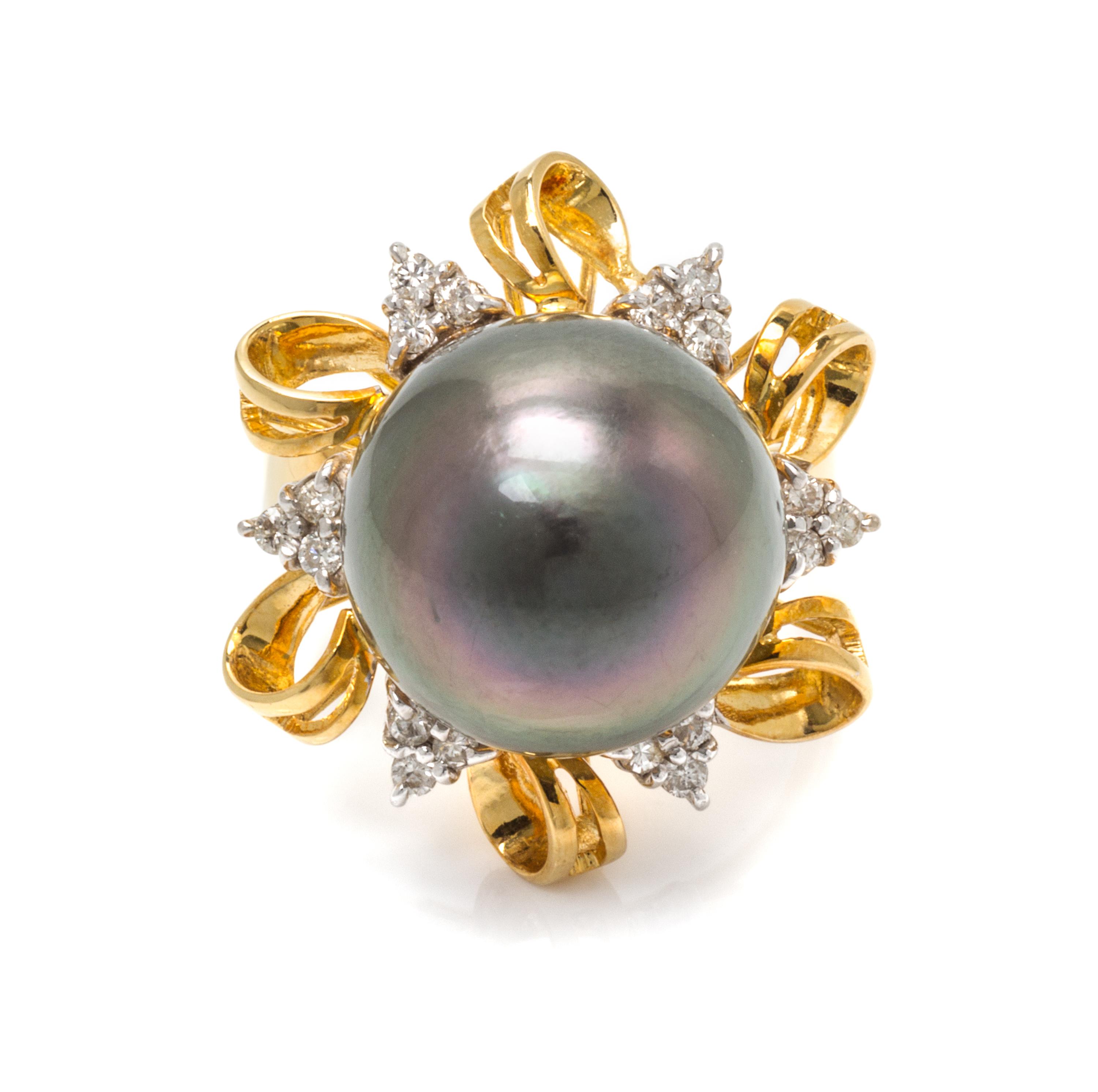 An 18 Karat Yellow Gold, Cultured Tahitian Pearl and Diamond Ring, 9.10 dwts.