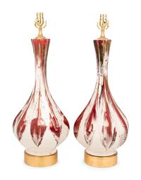 A Pair of Contemporary Red and White Glazed Vases Mounted as Lamps