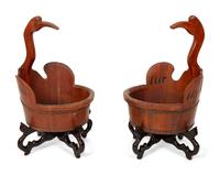 A Pair of Vintage Japanese Painted and Stained Pine Crane Handled Basins — 19TH/20TH CENTURY