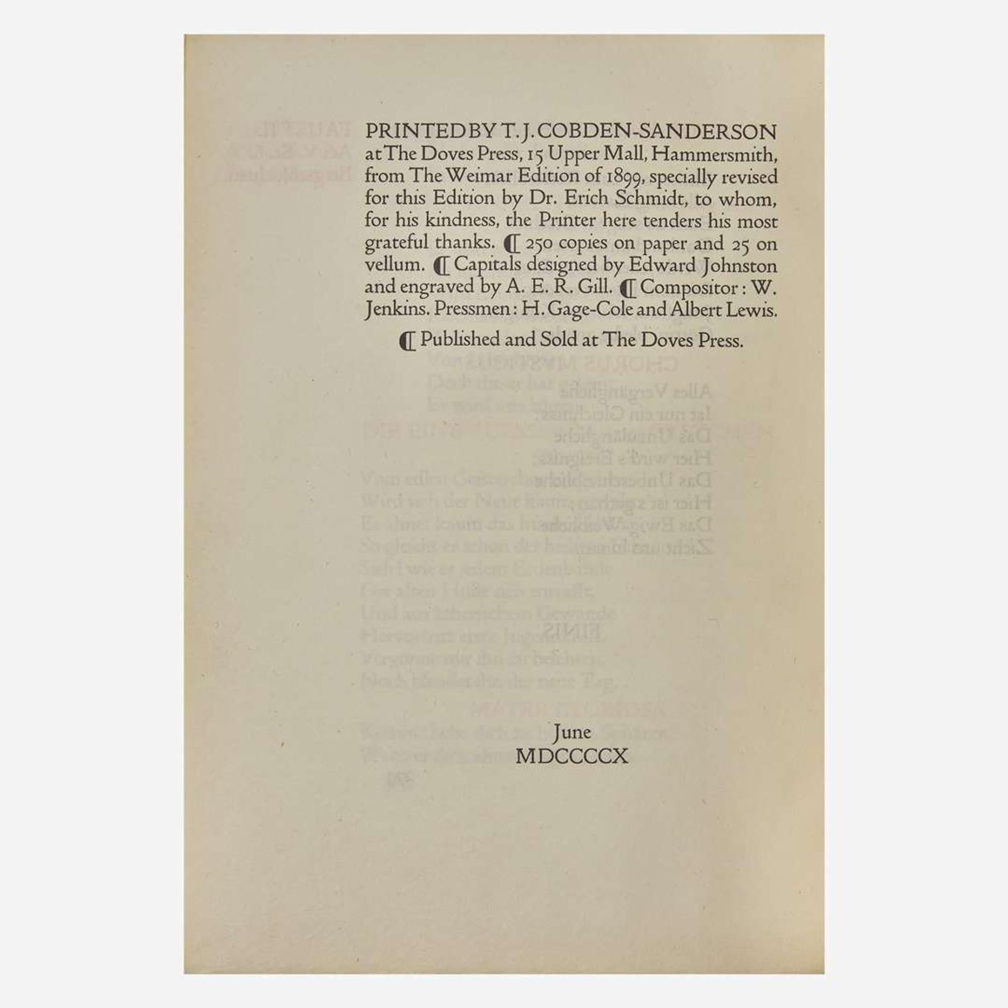[Private Press] [Doves Press, The] Goethe, Johann Wolfgang von Faust eine tragoedie von Goethe