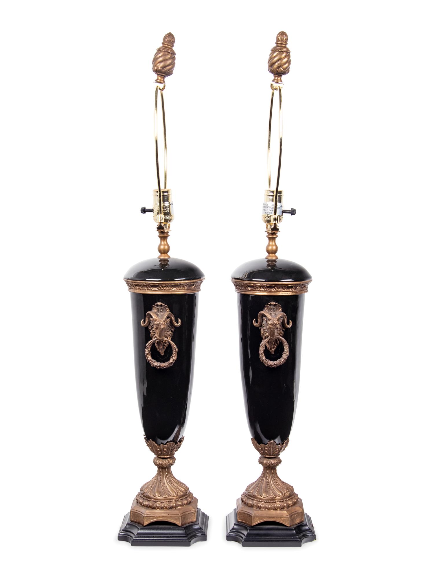 A Pair of French Gilt Bronze and Glazed Ceramic Urns Mounted as Lamps