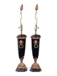 A Pair of French Gilt Bronze and Glazed Ceramic Urns Mounted as Lamps