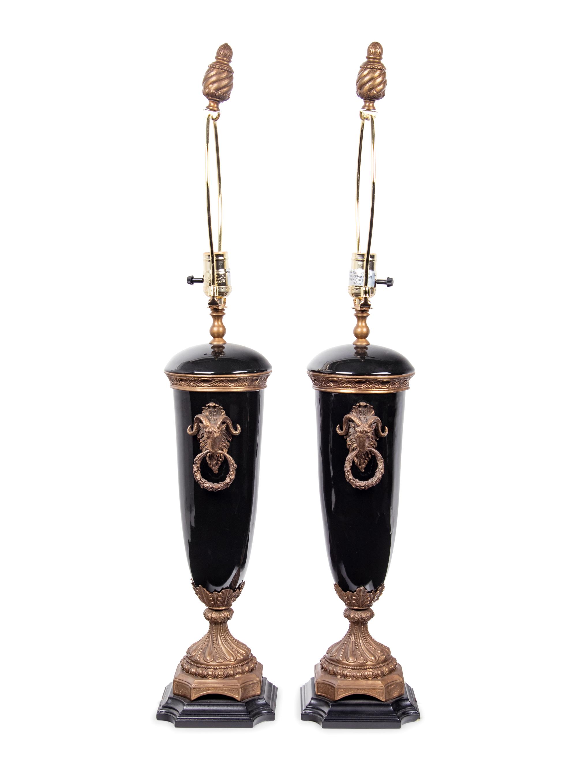 A Pair of French Gilt Bronze and Glazed Ceramic Urns Mounted as Lamps