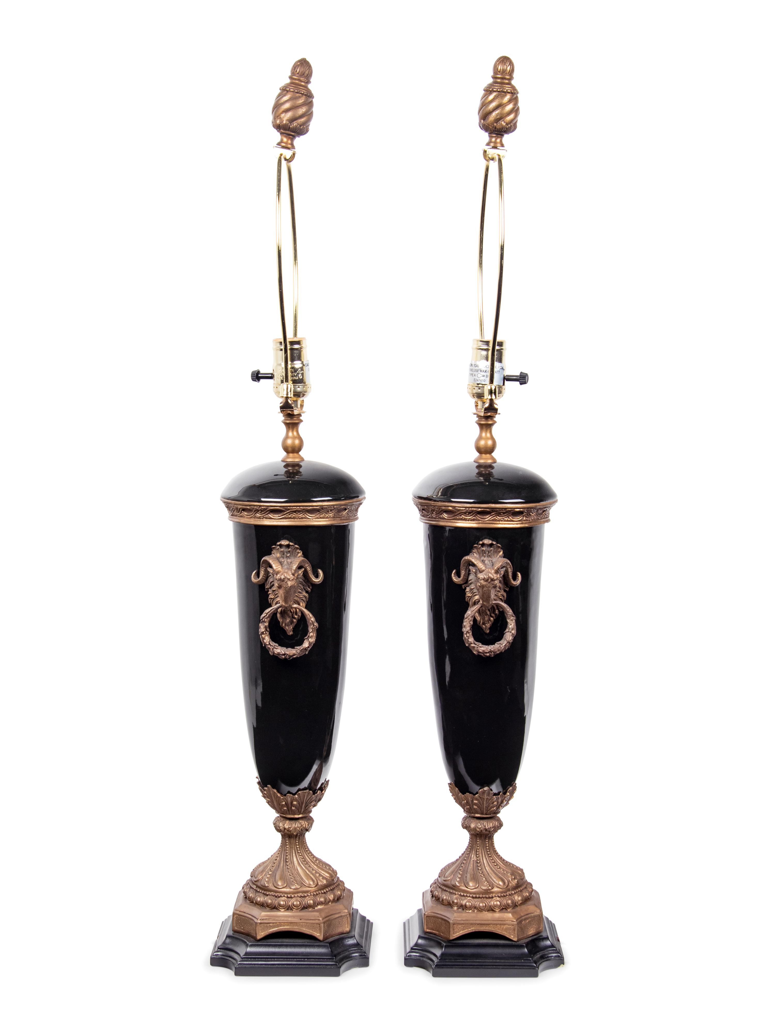 A Pair of French Gilt Bronze and Glazed Ceramic Urns Mounted as Lamps