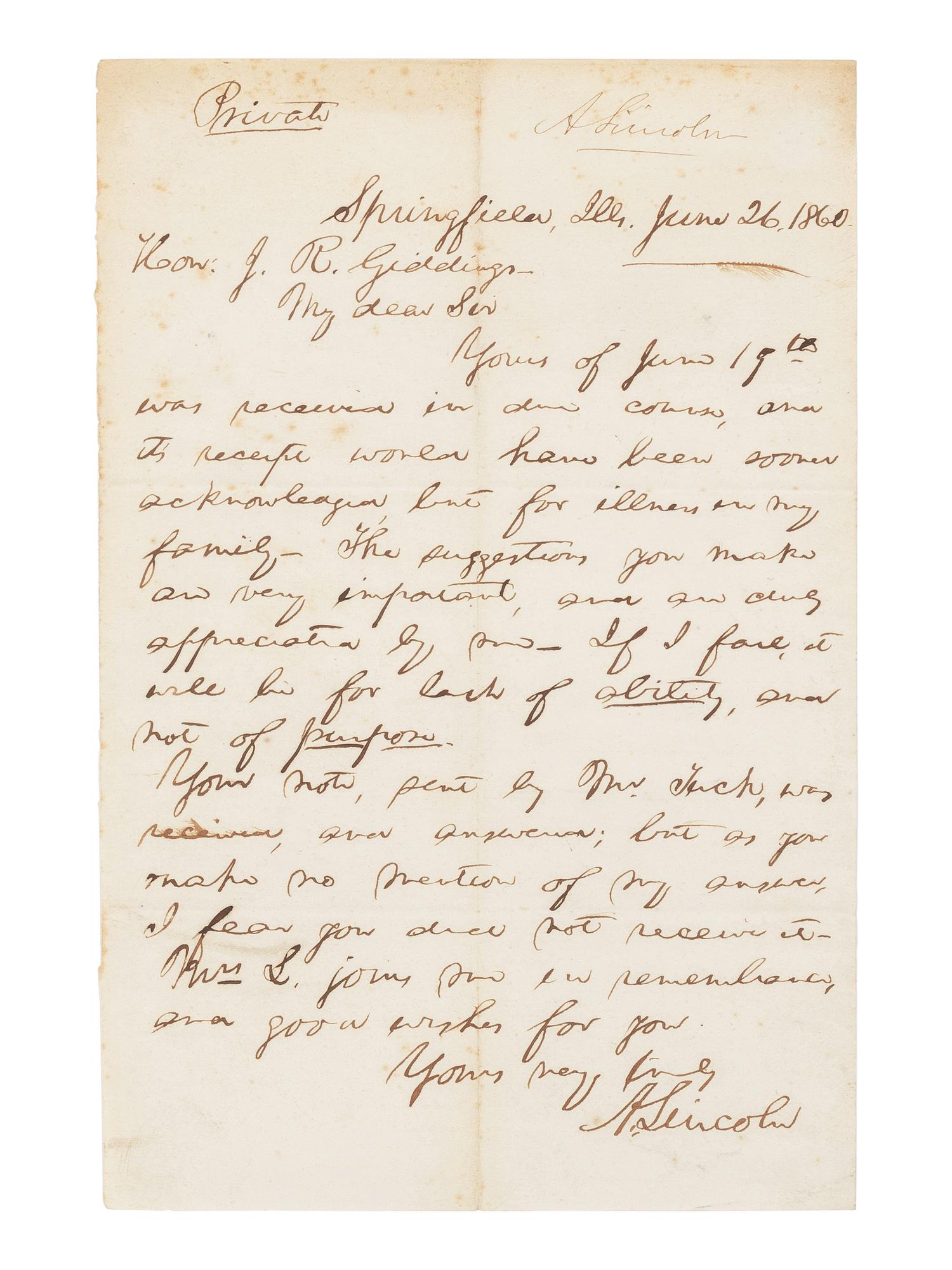 LINCOLN, Abraham (1809-1865). Autograph letter signed ("A. Lincoln") to Joshua Reed Giddings. Springfield, Illinois, 26 June 1860.