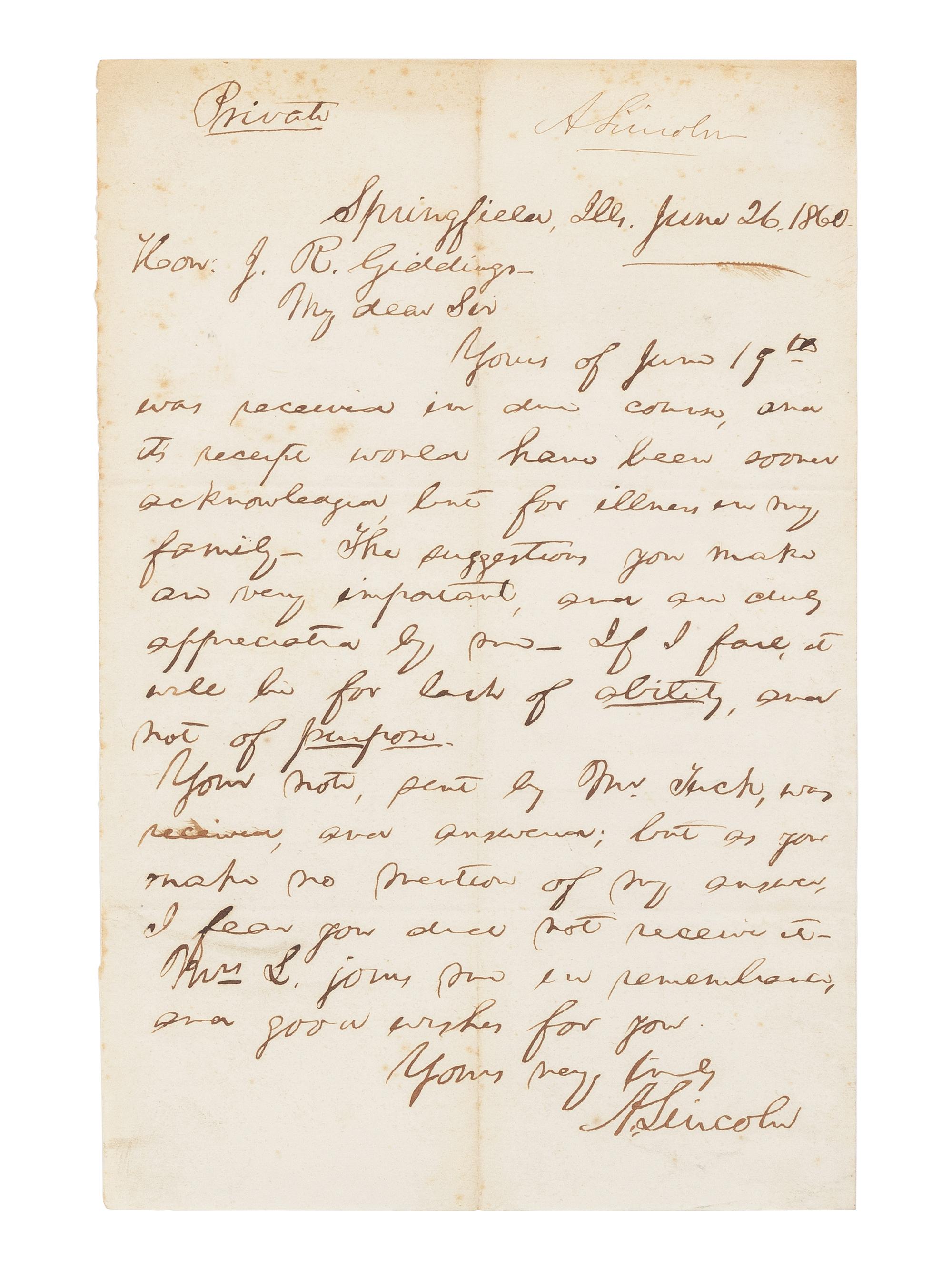 LINCOLN, Abraham (1809-1865). Autograph letter signed ("A. Lincoln") to Joshua Reed Giddings. Springfield, Illinois, 26 June 1860.