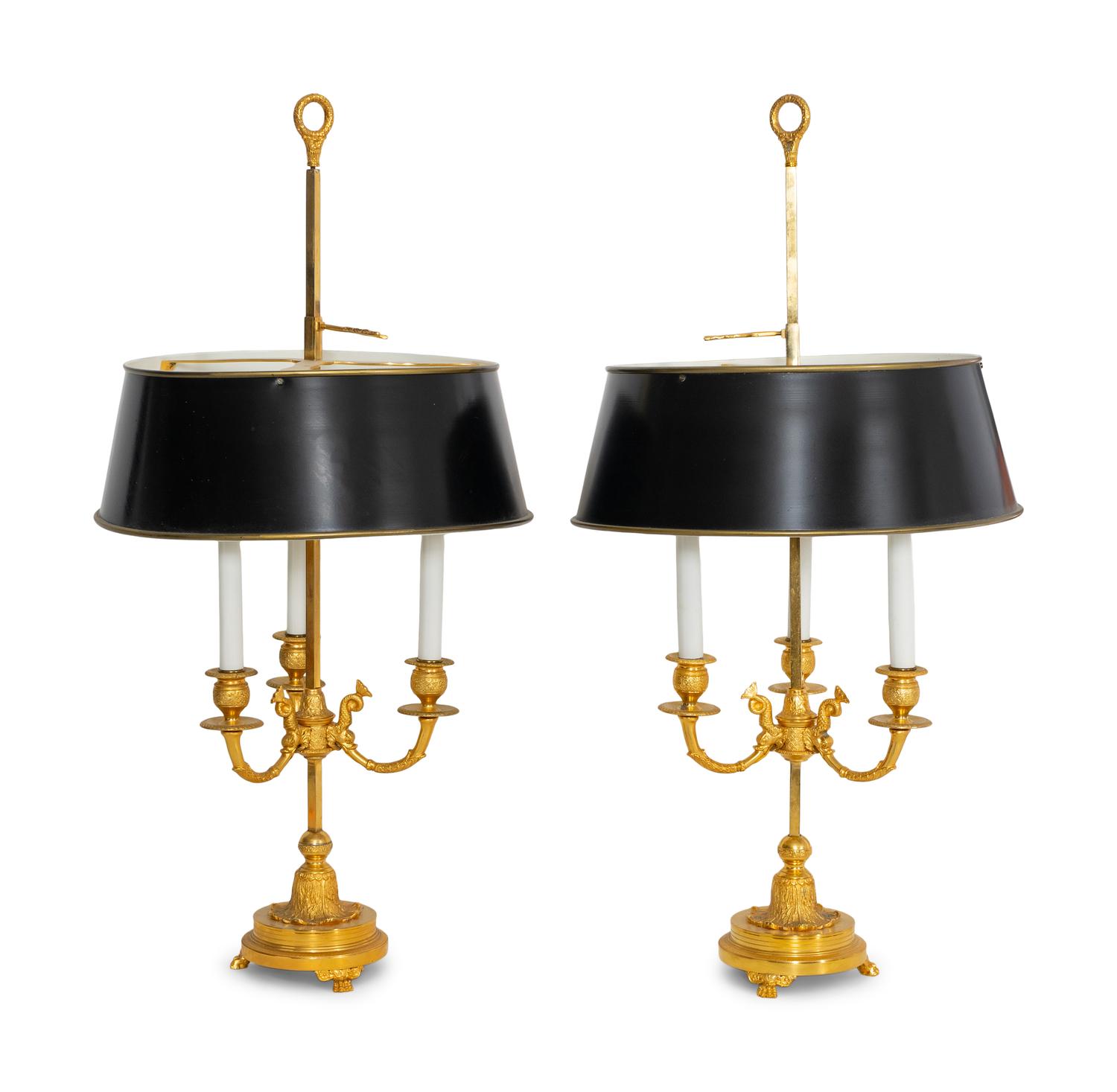 A Pair of Gilt Metal Candelabra Lamps with Black Tole Shades