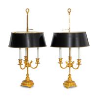 A Pair of Gilt Metal Candelabra Lamps with Black Tole Shades