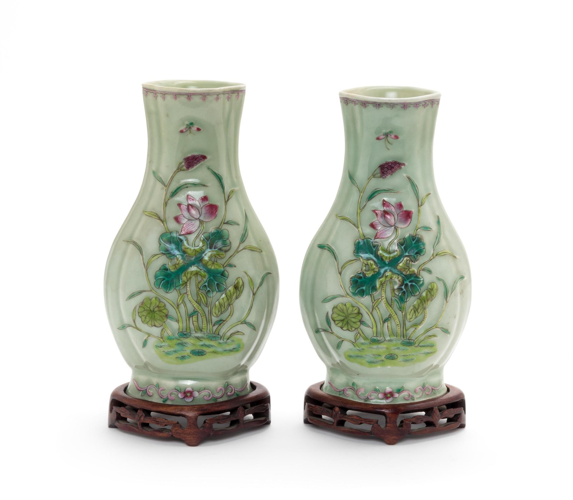 A Pair of Chinese Celadon Ground Famille Rose Porcelain Vases