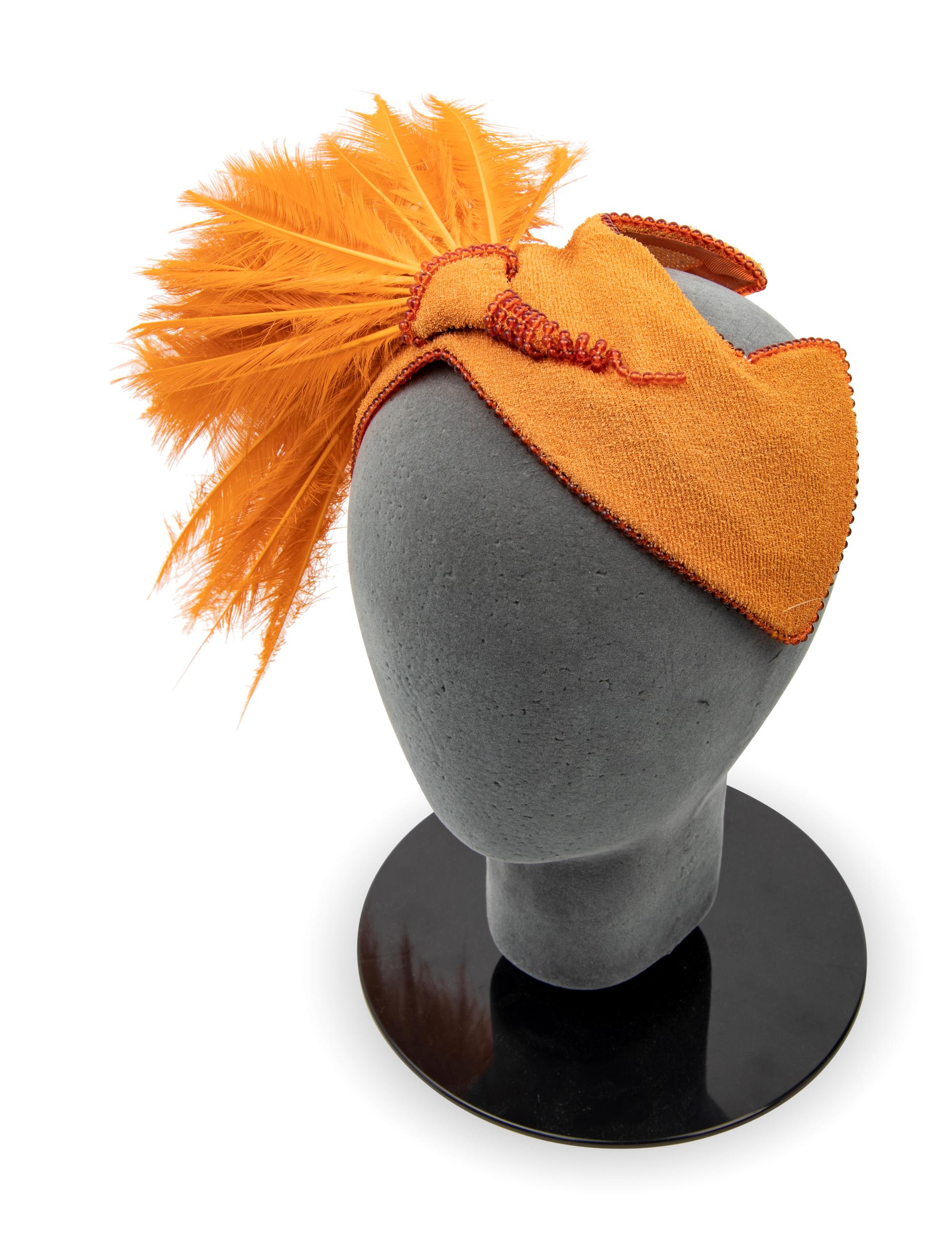 Two Bes-Ben Hats with Feathers; One Red, One Orange, 1940s-1950s