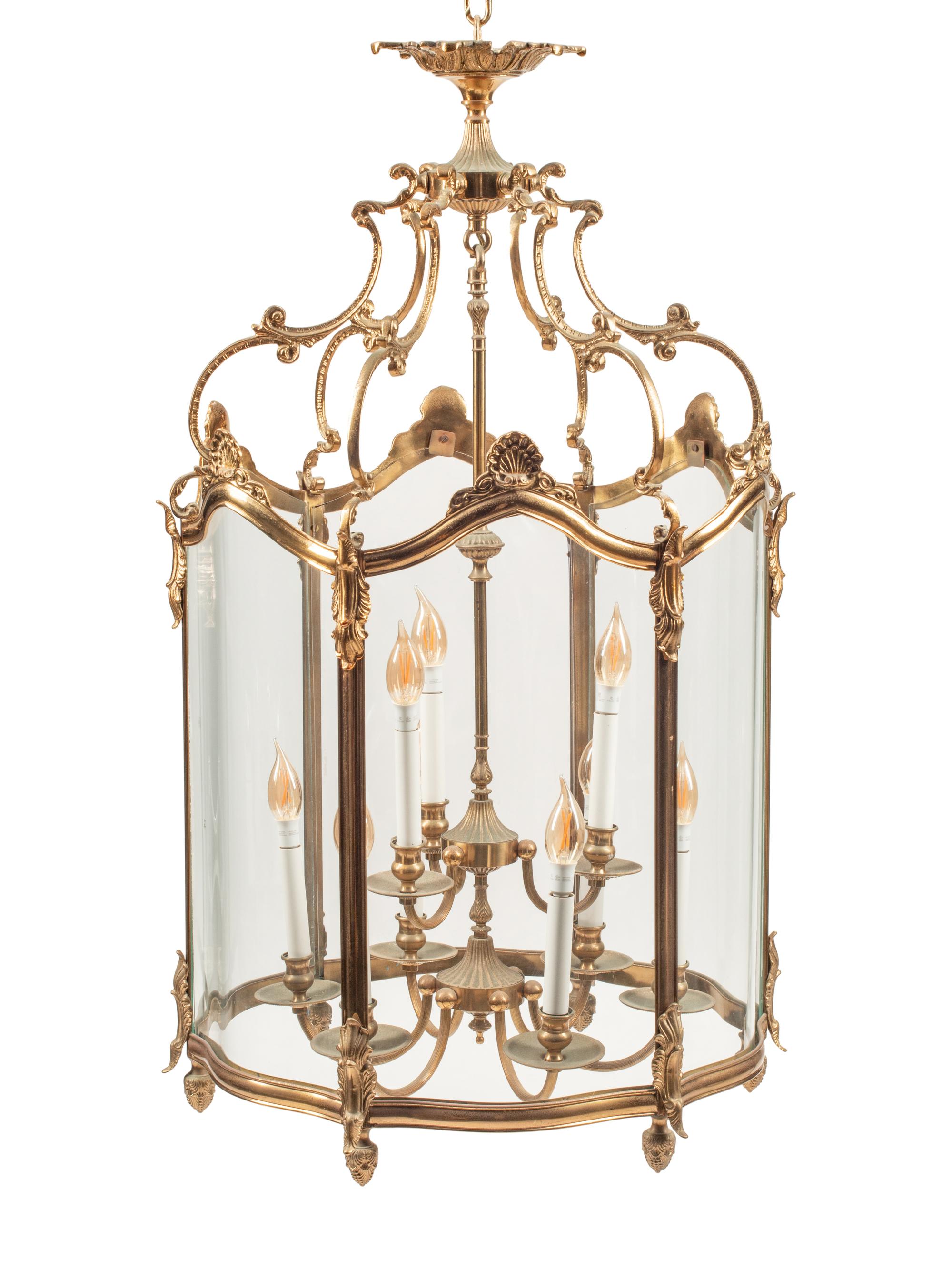 A Pair of Louis XV Style Gilt Bronze and Glass Hall Lanterns
