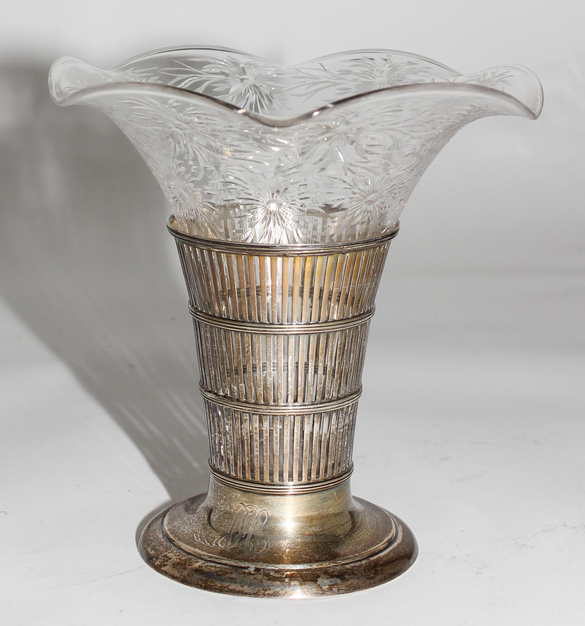 An American Etched Glass and Silver Trumpet Vase, Watson & Co. Height 7 inches. — EARLY 20TH CENTURY
