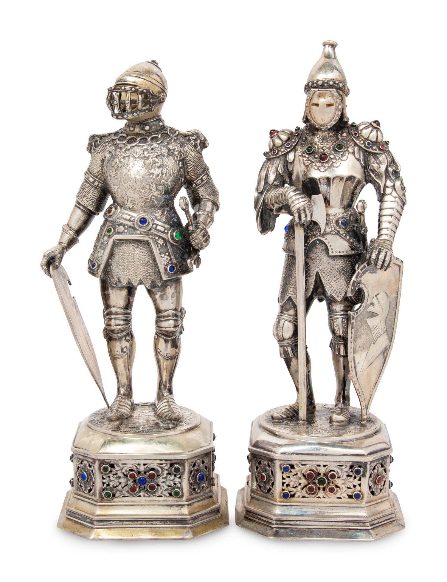A Pair of German Silver and Jewel Inset Knight Figures