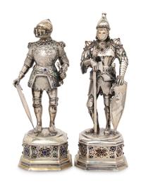 A Pair of German Silver and Jewel Inset Knight Figures