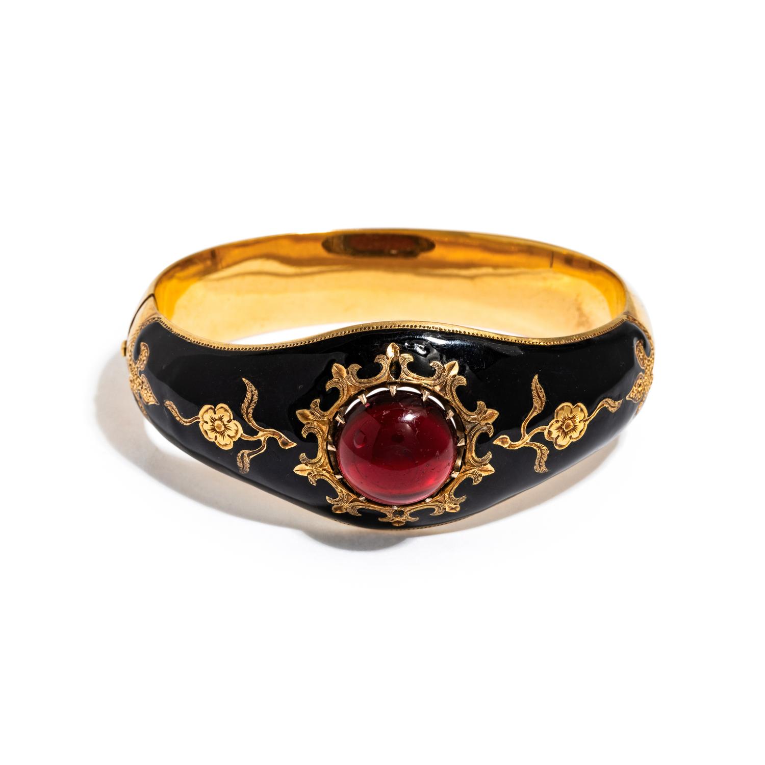 ENAMEL AND RED GLASS BANGLE BRACELET