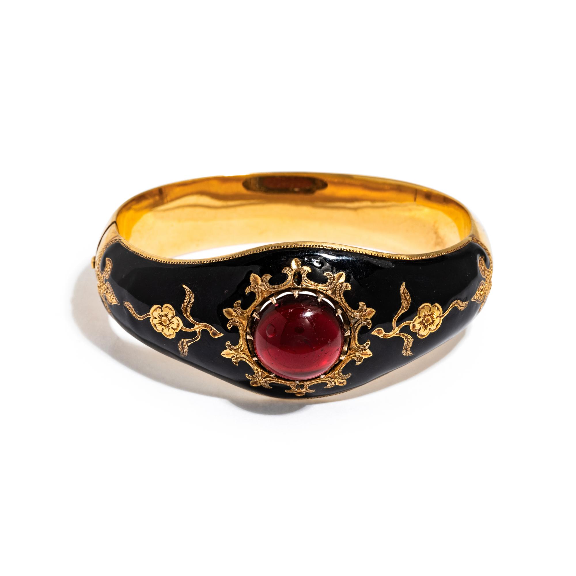 ENAMEL AND RED GLASS BANGLE BRACELET
