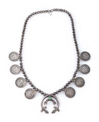Navajo Silver, Coin, and Turquoise Squash Blossom Necklace