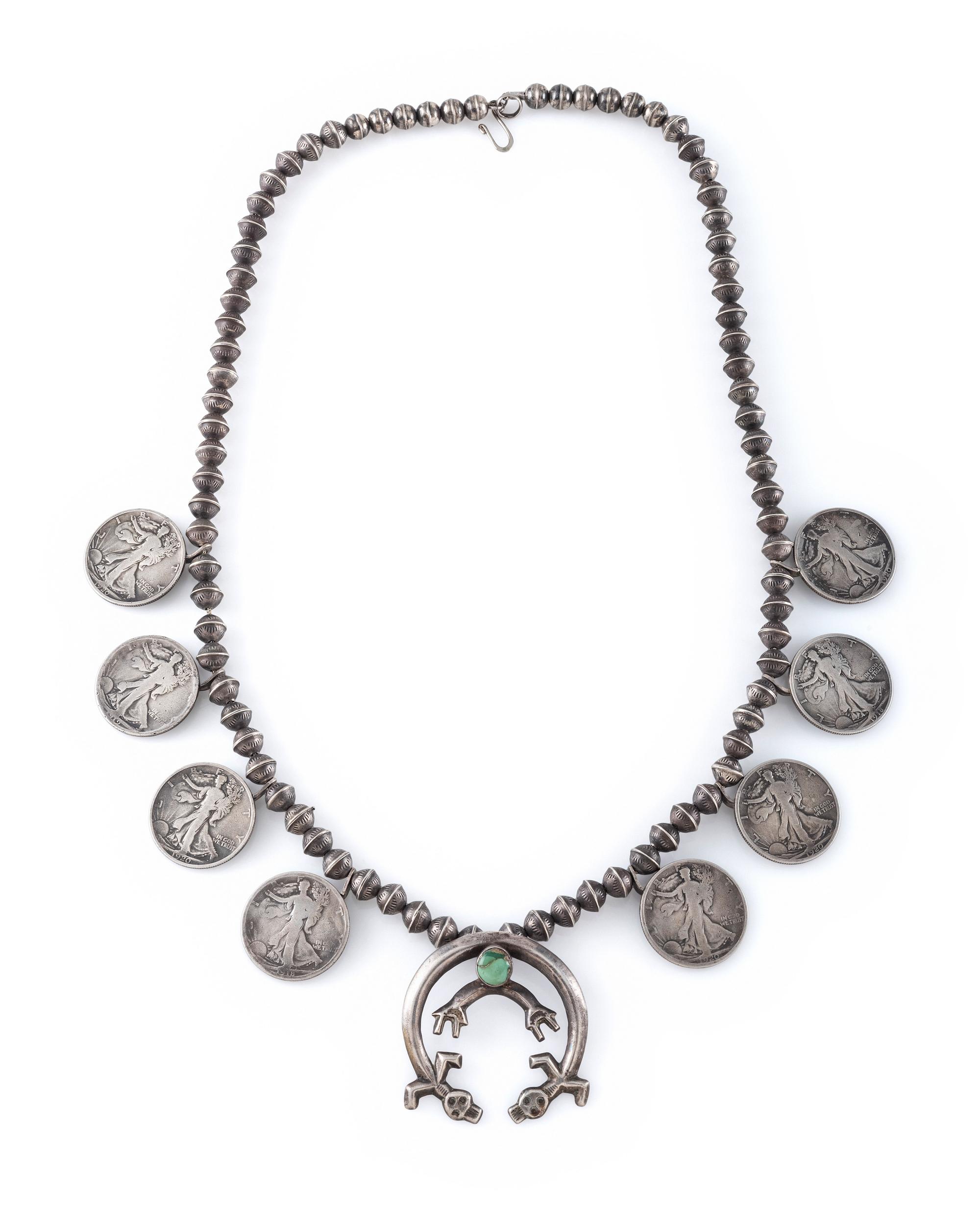 Navajo Silver, Coin, and Turquoise Squash Blossom Necklace