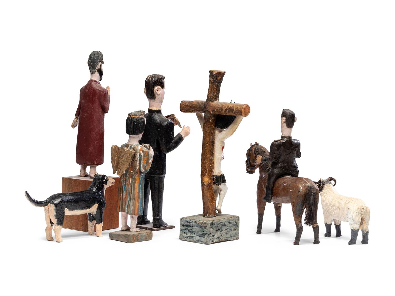 Seven Folk Art Carved and Painted Wood Figures