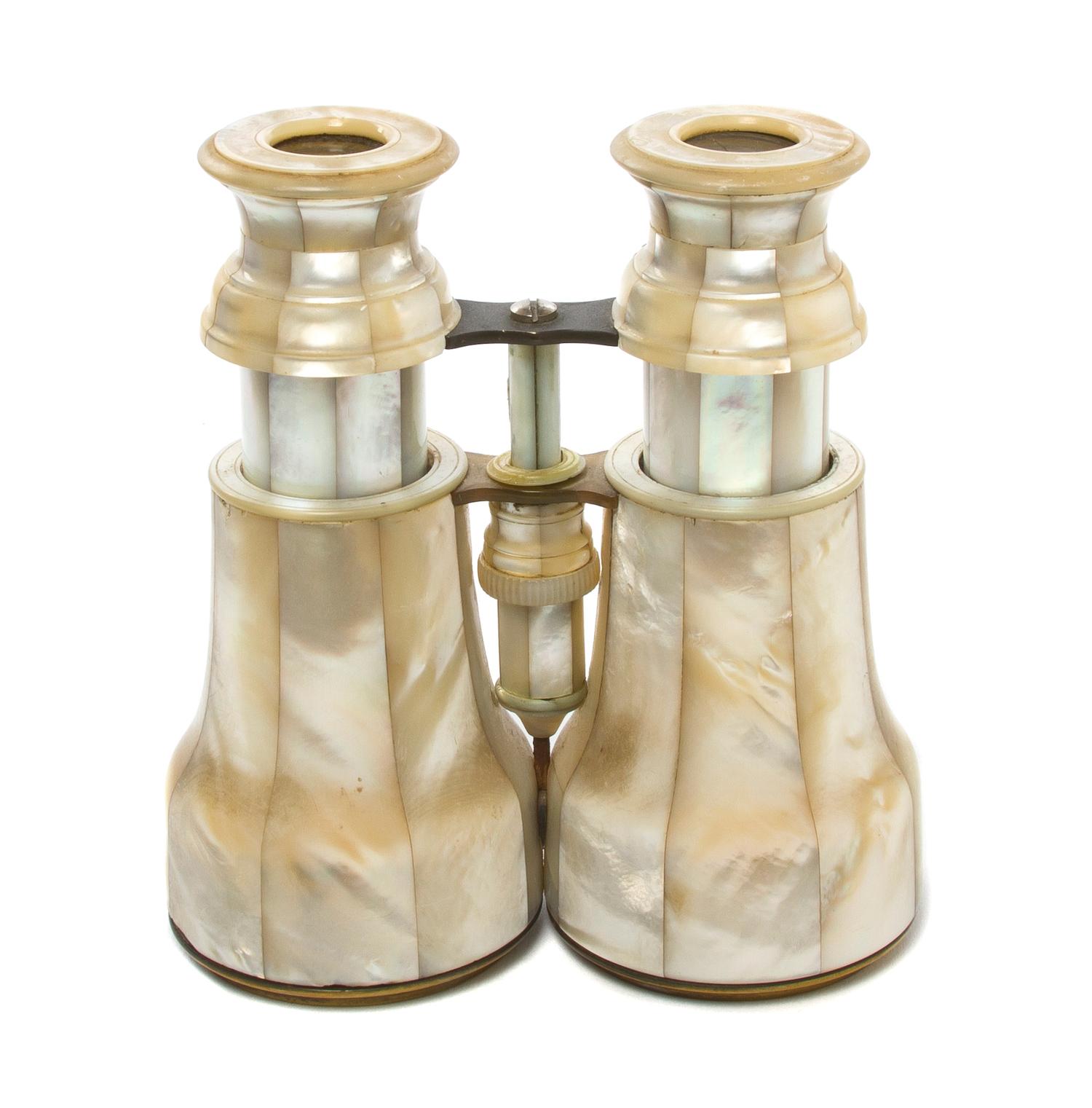 A Pair of French Mother-of-Pearl Veneered Binoculars, Width 5 1/8 inches.