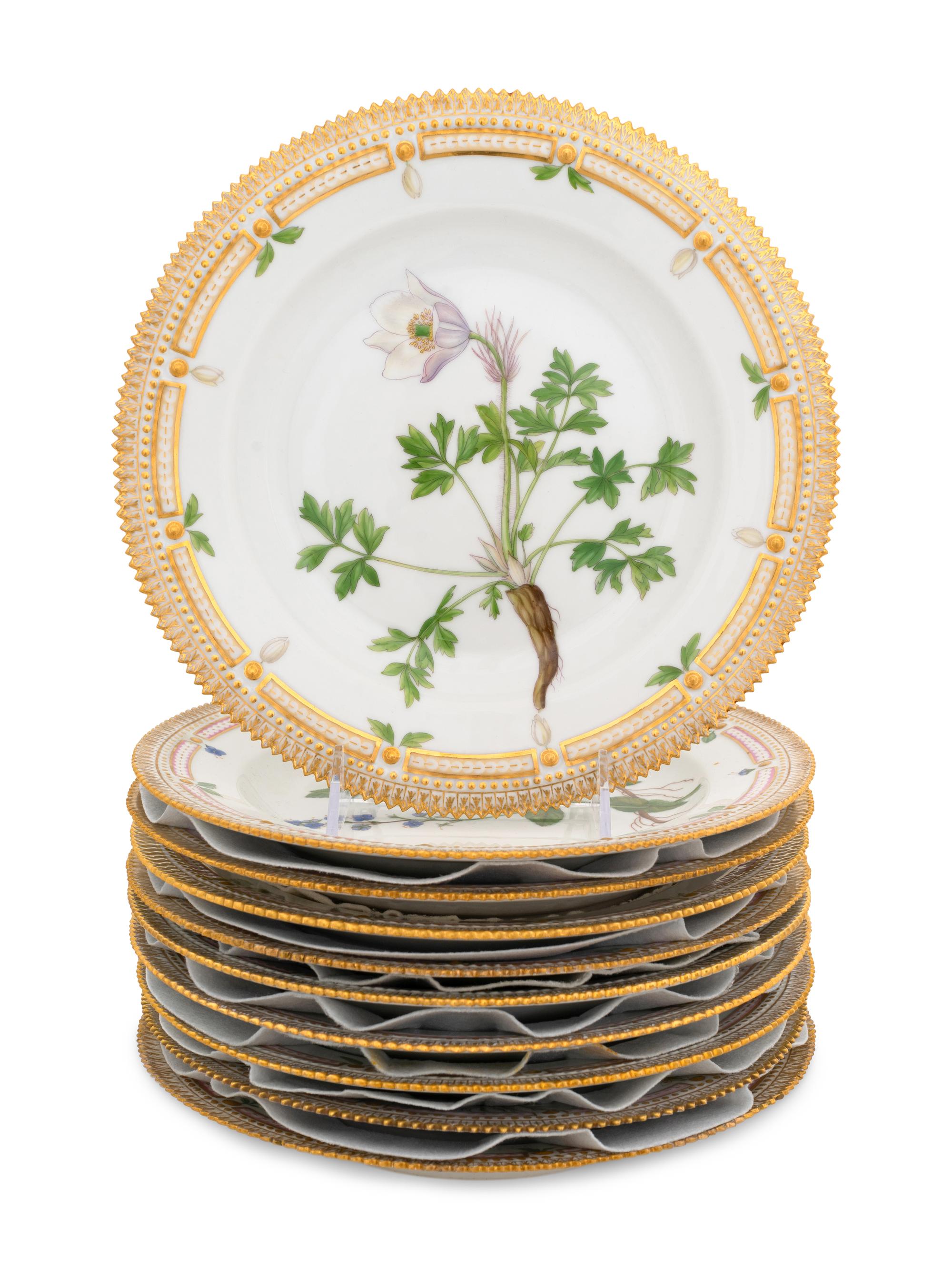 A Set of Ten Royal Copenhagen Flora Danica Dinner Plates