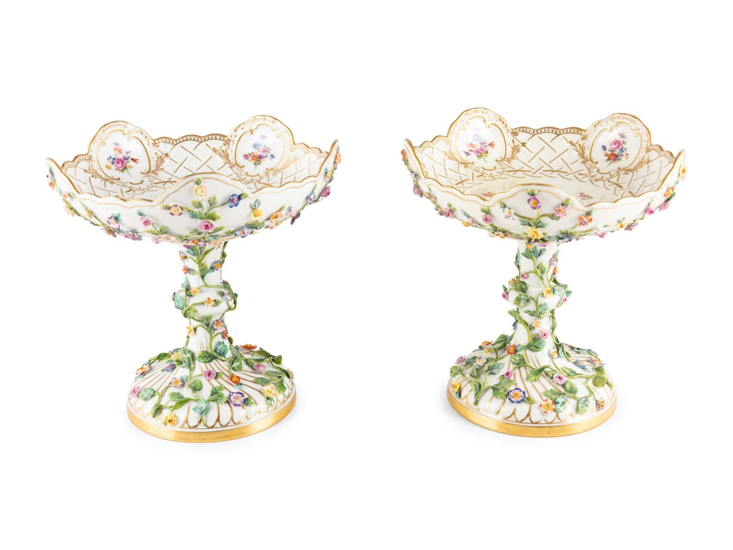 A Pair of Meissen Porcelain Floral Compotes