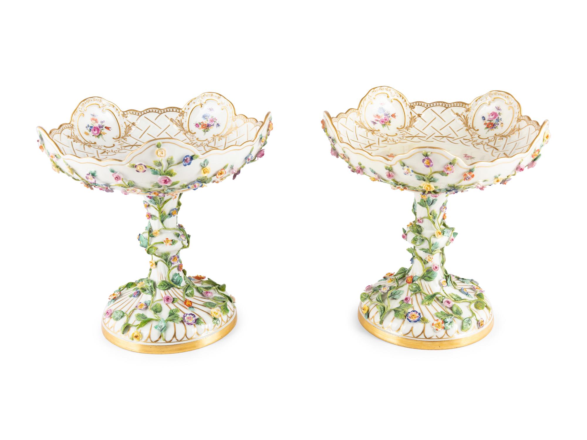A Pair of Meissen Porcelain Floral Compotes