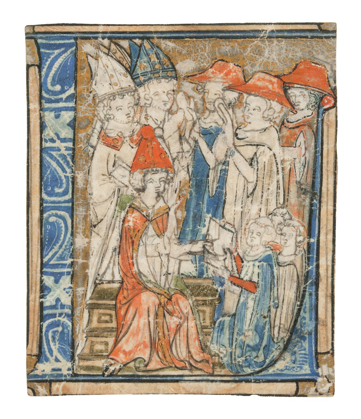ANGLO-NORMAN ILLUMINATOR A small cutting, with historiated initial ‘L’ with pope and clerics presenting a manuscript, in Latin, illuminated manuscript on parchment [France or England, c. 1300]