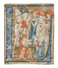ANGLO-NORMAN ILLUMINATOR A small cutting, with historiated initial ‘L’ with pope and clerics presenting a manuscript, in Latin, illuminated manuscript on parchment [France or England, c. 1300]