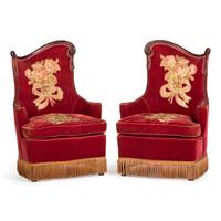 A Pair of Carved Walnut Armchairs with Embroidered Velvet Upholstery Late 19th Century