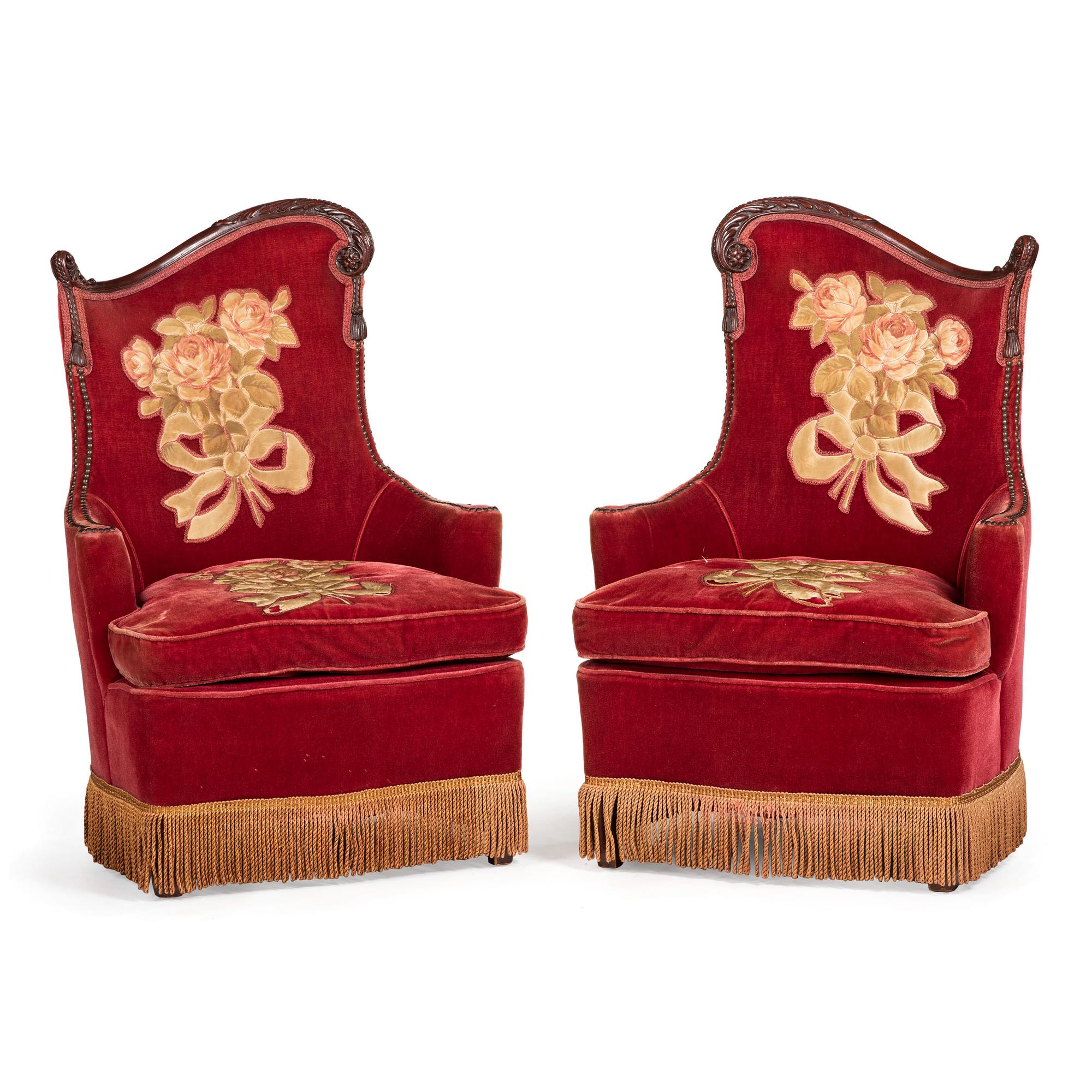 A Pair of Carved Walnut Armchairs with Embroidered Velvet Upholstery Late 19th Century