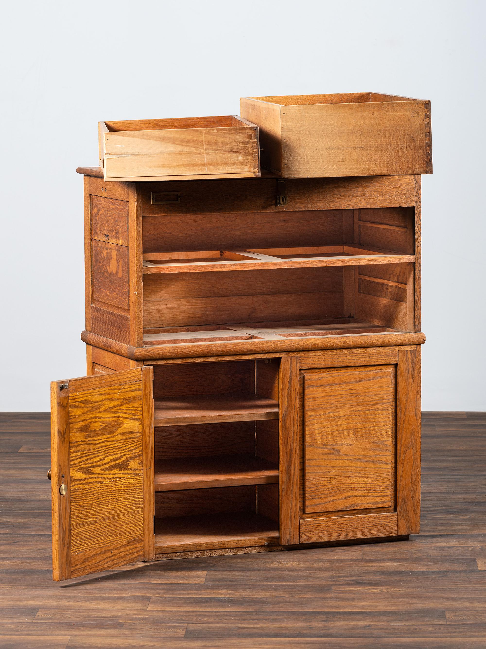 A Dental Student's Brass Mounted Oak Lift Top Cabinet