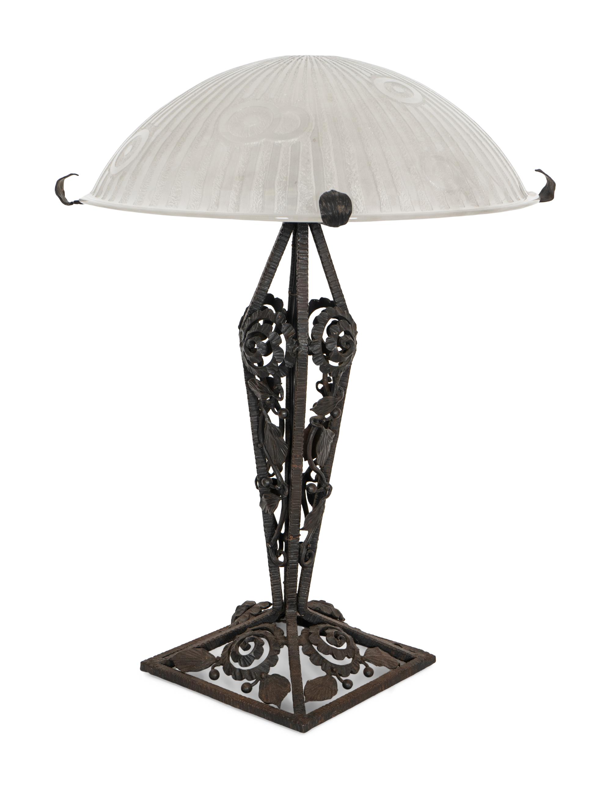 A Daum Etched Glass and Wrought Iron Table Lamp
