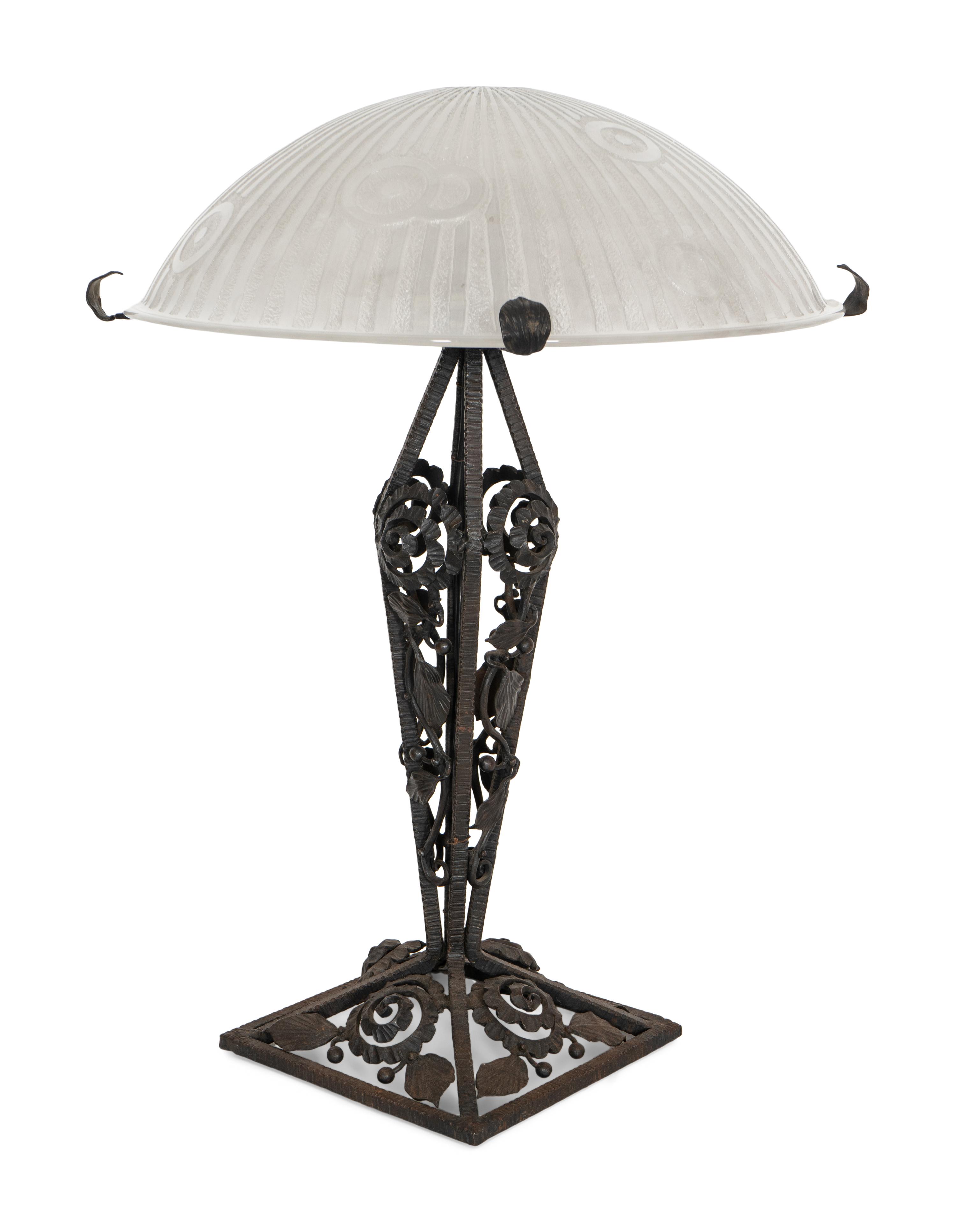 A Daum Etched Glass and Wrought Iron Table Lamp