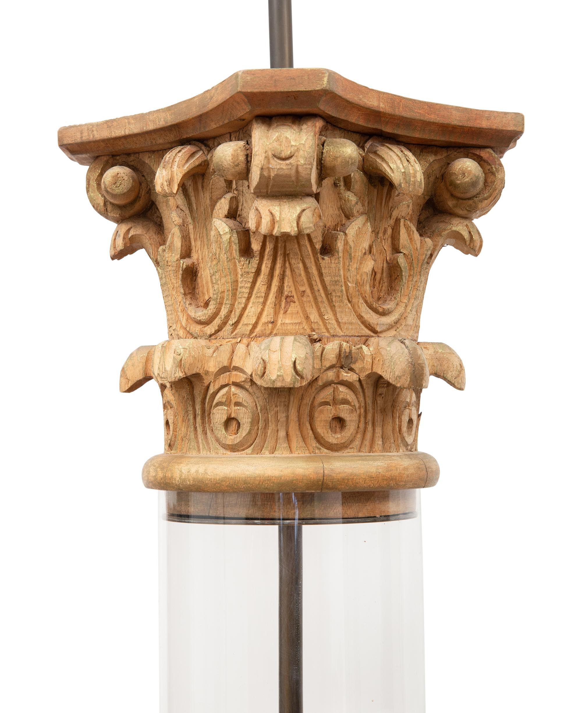 A Pair of Acrylic and Carved Oak Corinthian Columnar Floor Lamps