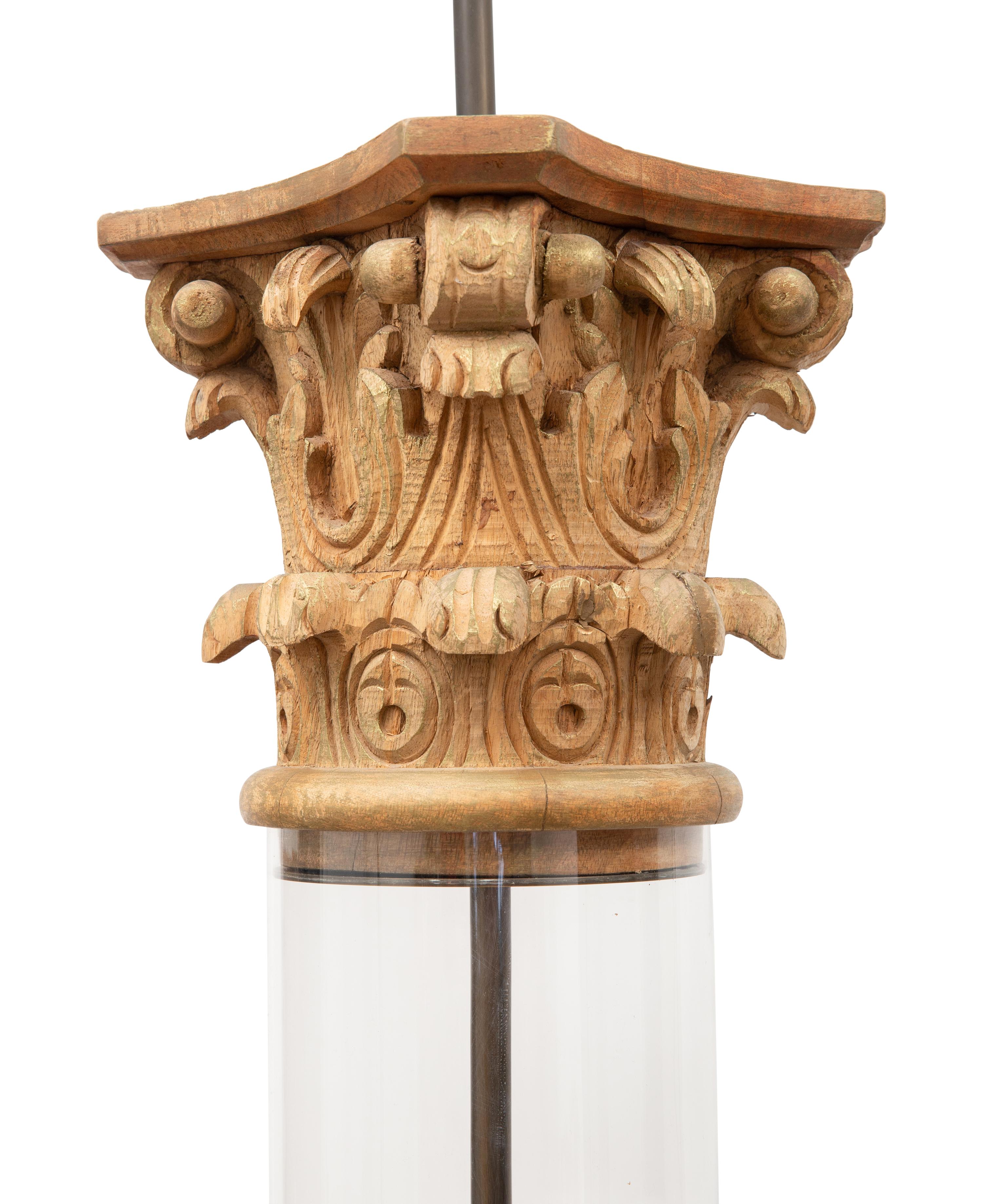 A Pair of Acrylic and Carved Oak Corinthian Columnar Floor Lamps