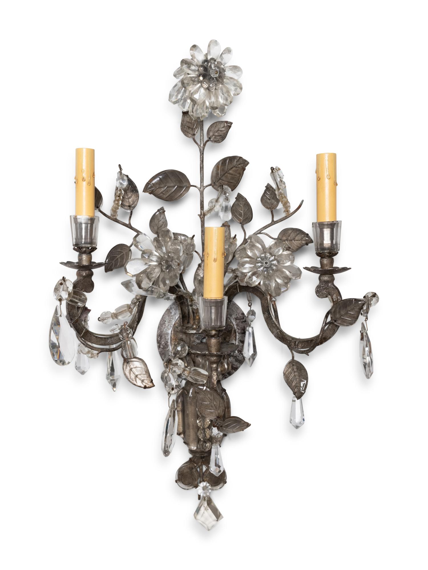 A Pair of Silvered Metal and Glass Three-Light Sconces in the Style of Maison Baguès
