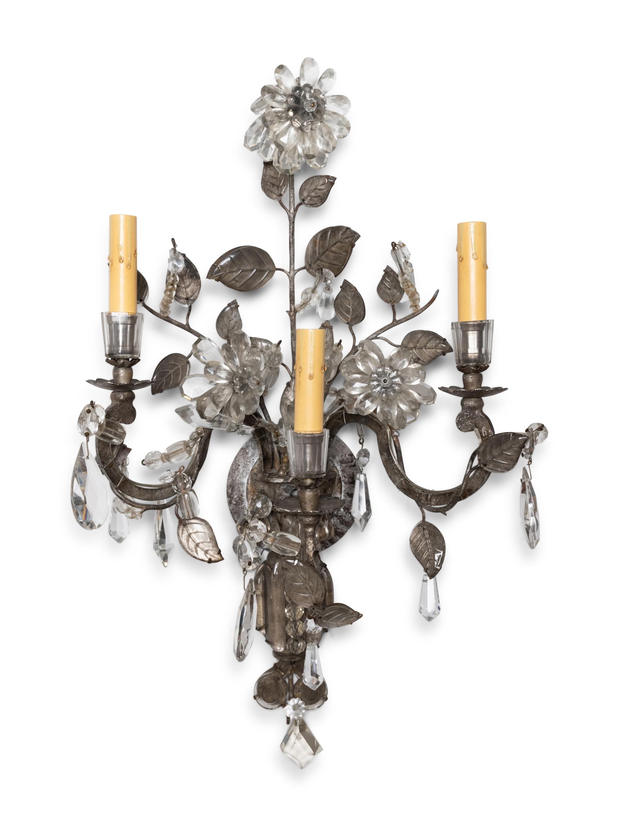 A Pair of Silvered Metal and Glass Three-Light Sconces in the Style of Maison Baguès
