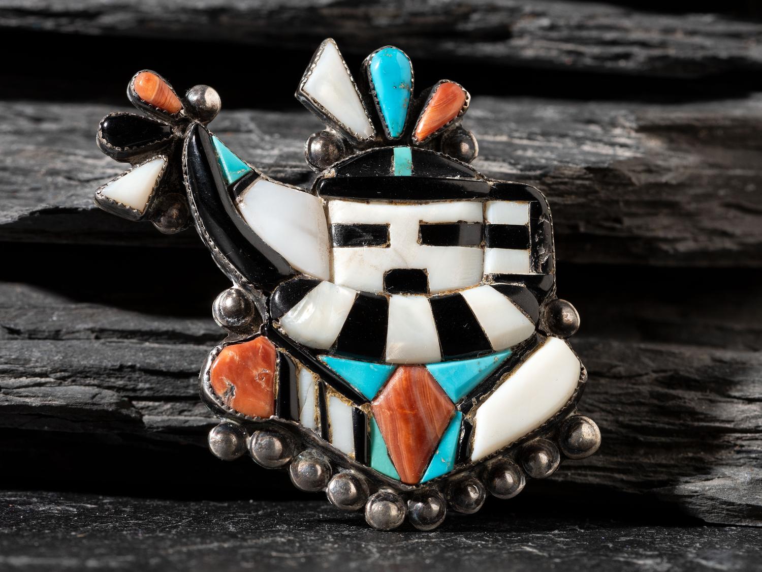Mosaic Inlay Long Horn Katsina Brooch / Pin
