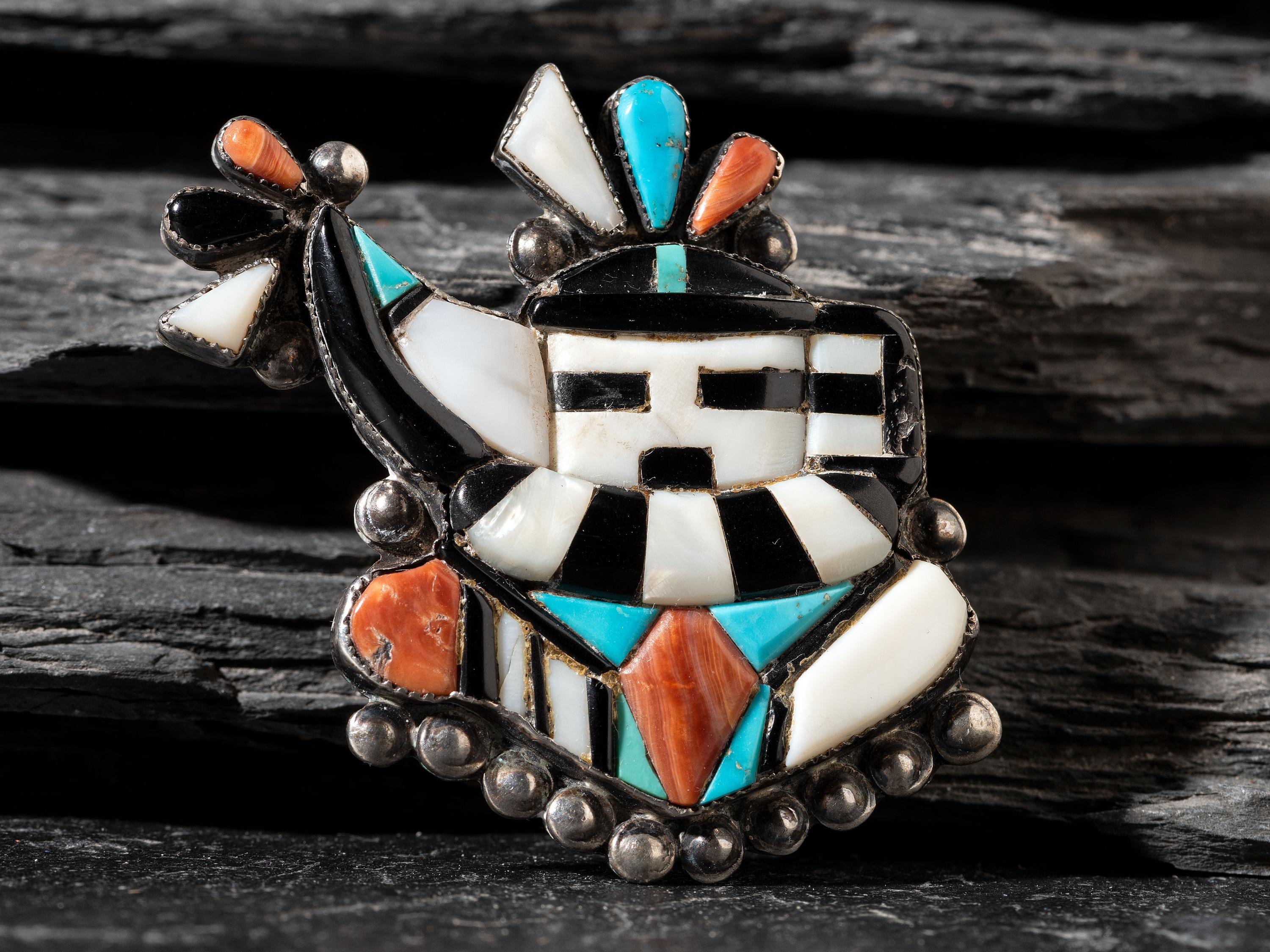 Mosaic Inlay Long Horn Katsina Brooch / Pin