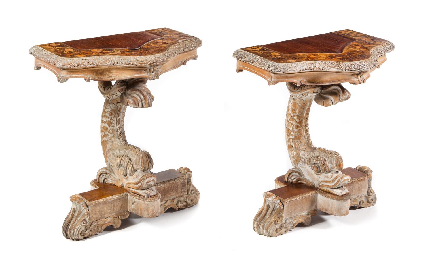 An Italian Marquetry and Cerused Wood Table Converted to a Pair of Tables Height 29 1/2 x width 26 1/4 x depth 16 inches. — 19TH/20TH CENTURY