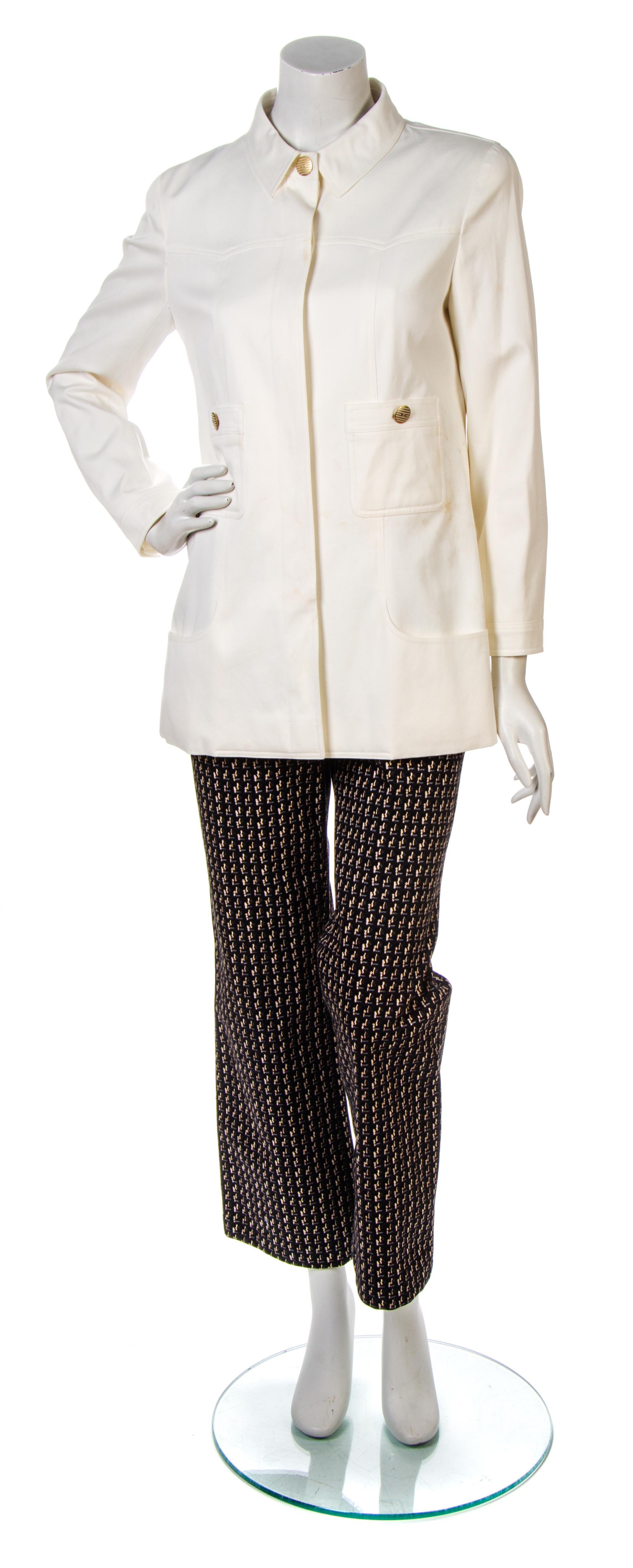A Chanel Ivory Cotton Jacket, Jacket size 42, pants size 44.
