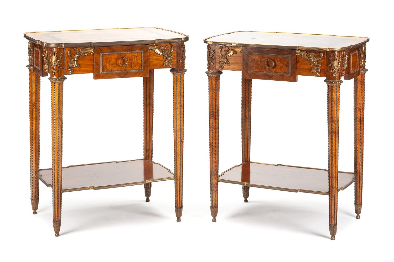A Near Pair of Louis XVI Style Gilt Bronze Mounted Parquetry Tables Height 34 1/4 x width 28 1/4 x depth 20 1/2 inches. — FIRST HALF 20TH CENTURY
