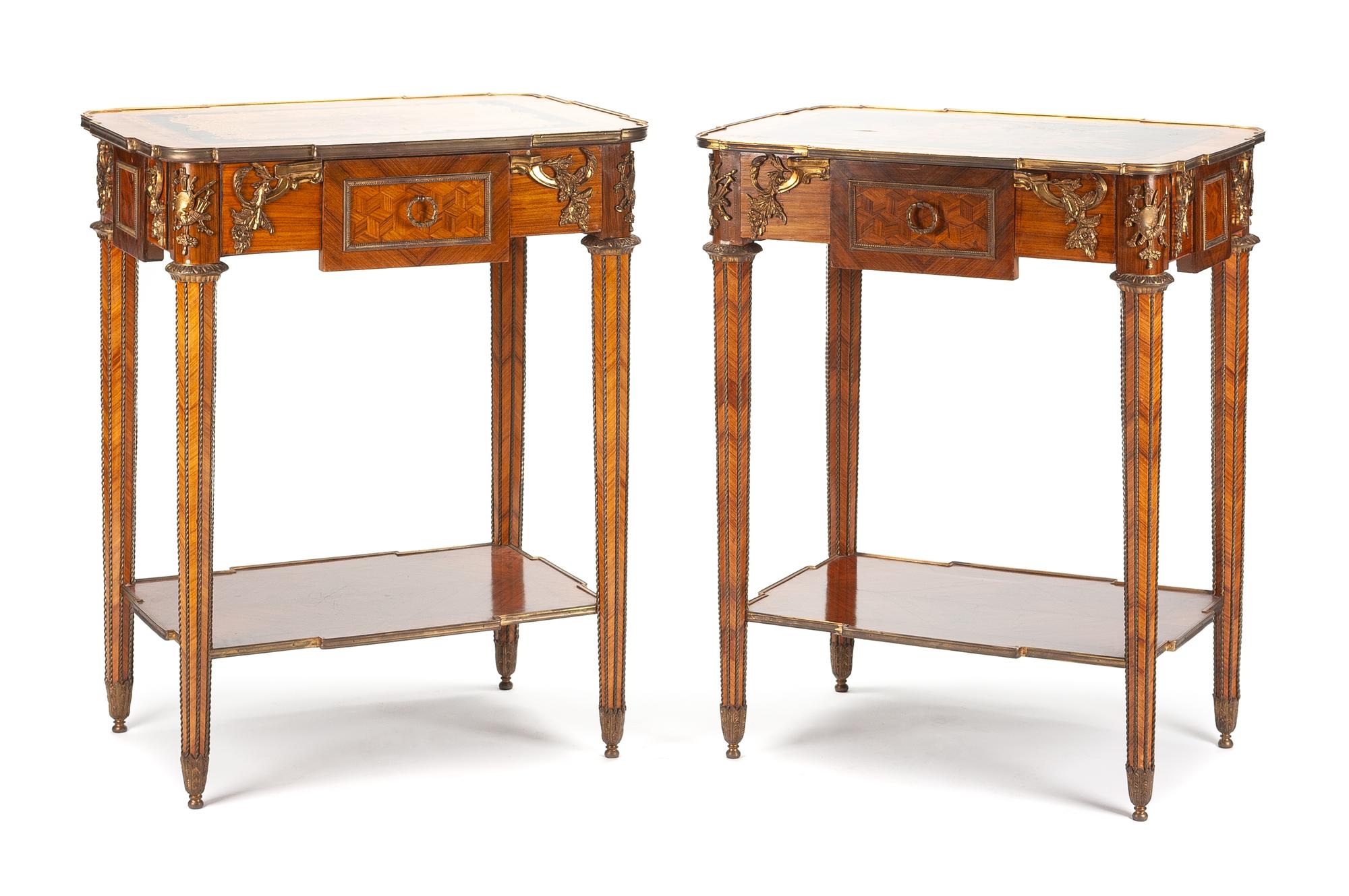 A Near Pair of Louis XVI Style Gilt Bronze Mounted Parquetry Tables Height 34 1/4 x width 28 1/4 x depth 20 1/2 inches. — FIRST HALF 20TH CENTURY
