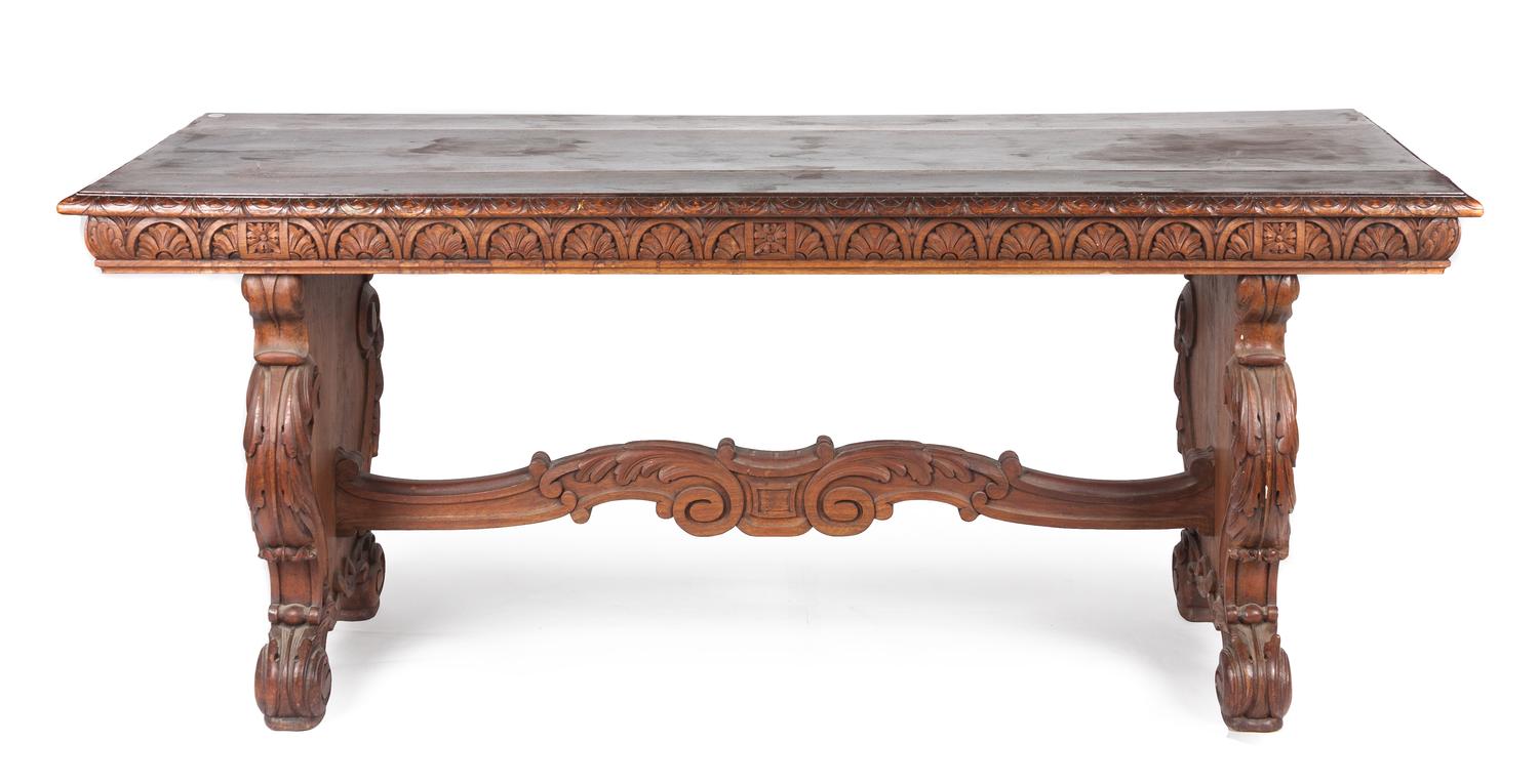 A Renaissance Revival Mahogany Library Table Height 30 1/4 x width 73 x depth 28 inches.