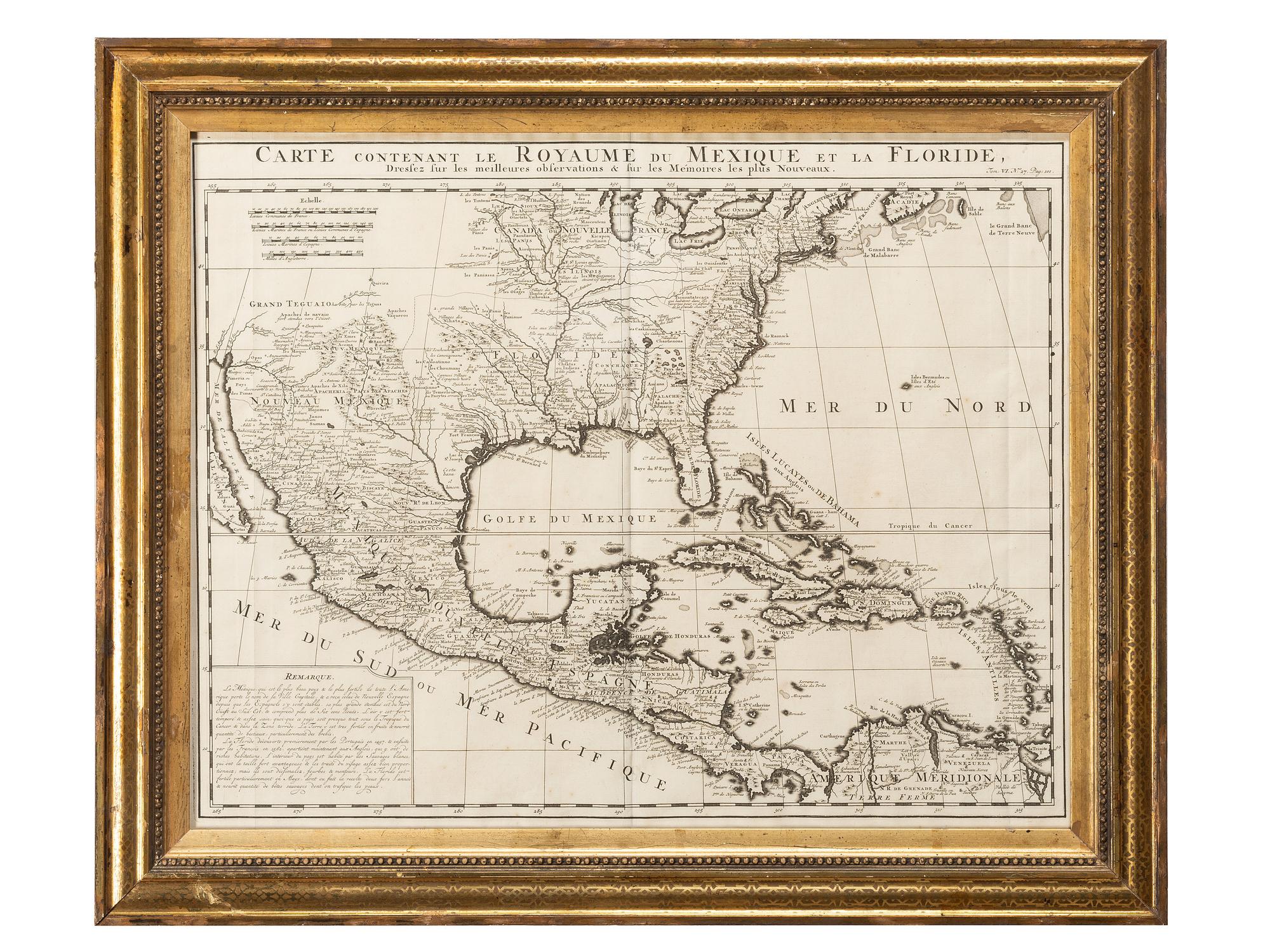 CHATELAIN, Henry Abraham (1684-1743). Carte Contenant le Royaume du Mexique et la Floride, Dressez sur les Meilleures Observations & sur les Memoires les plus Nouveaux . Amsterdam, ca 1719.