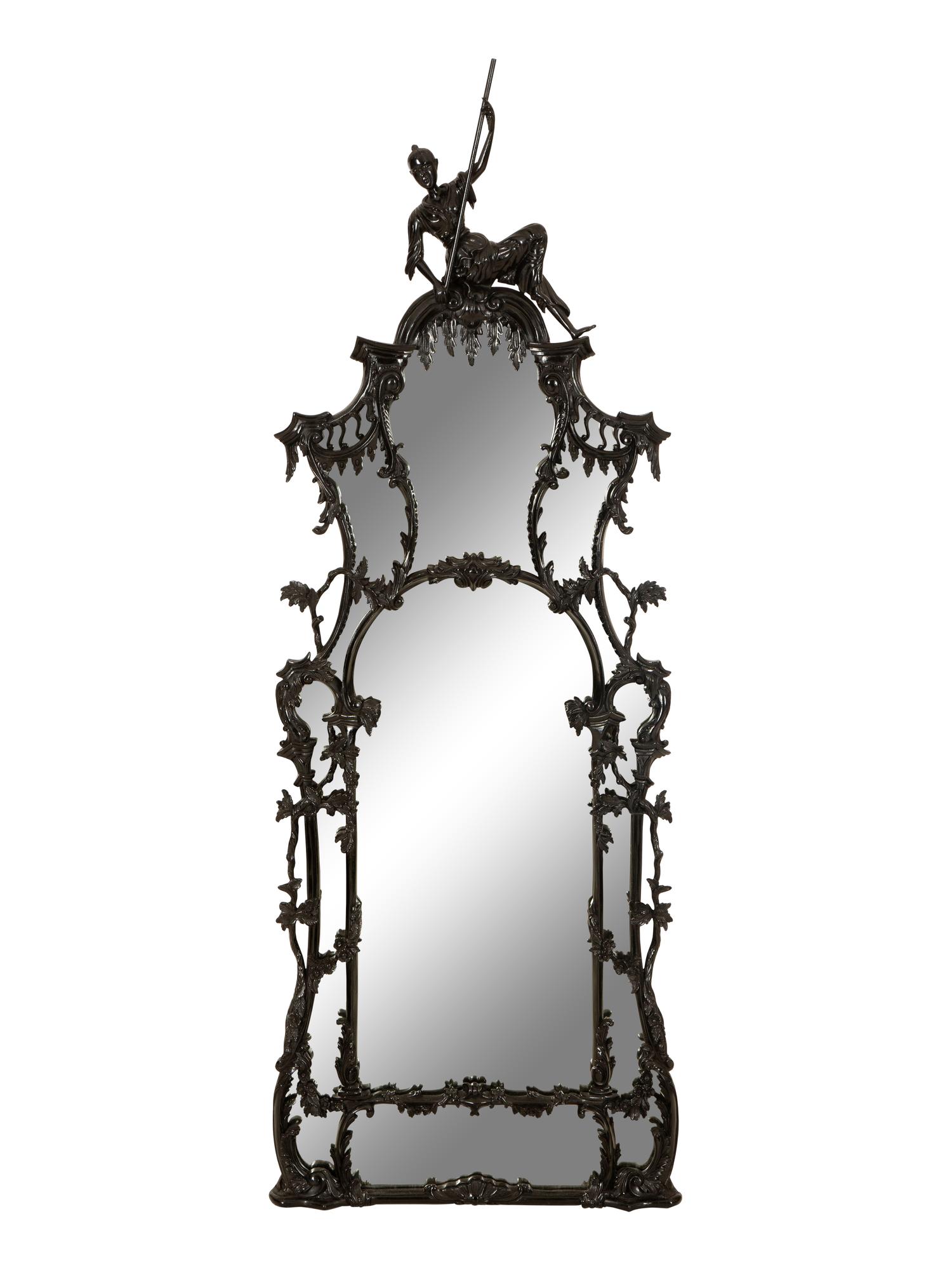 A Pair of Chinese Chippendale Style Black Painted Pier Mirrors — 20th Century