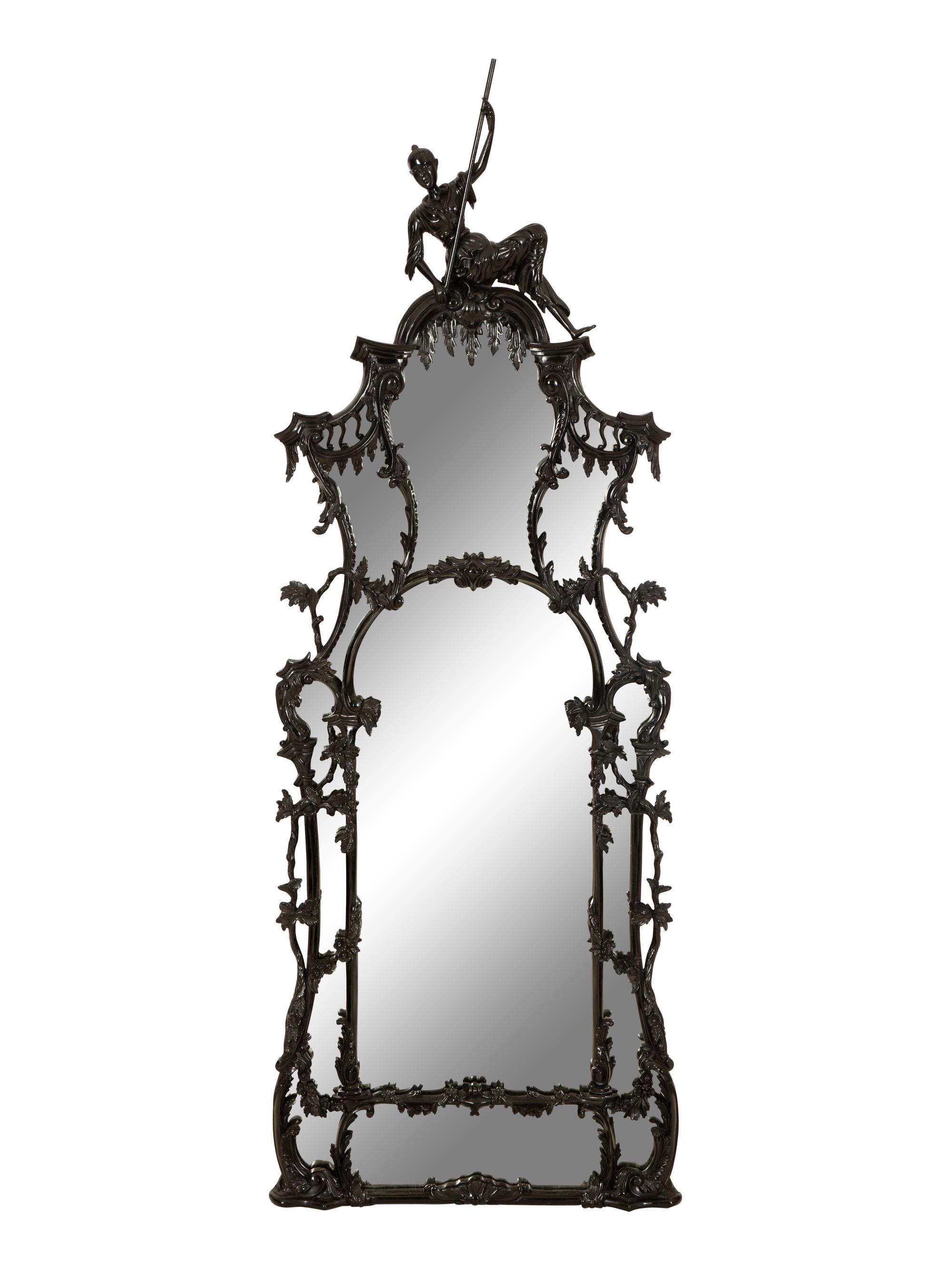 A Pair of Chinese Chippendale Style Black Painted Pier Mirrors — 20th Century