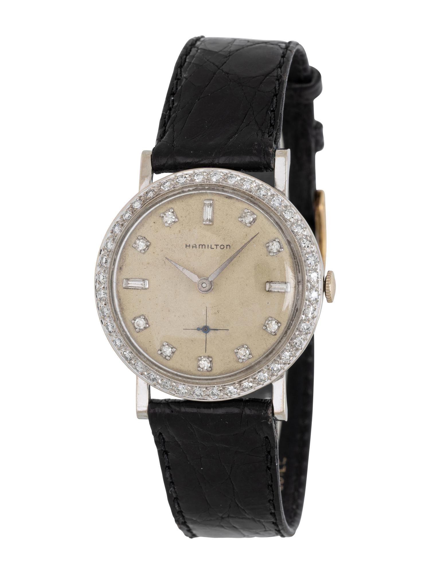 HAMILTON, VINTAGE 14K WHITE GOLD AND DIAMOND WATCH